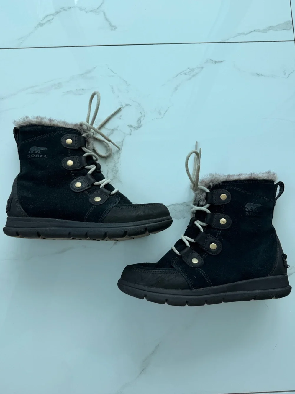 Sorel Black Suede Lace-Up Winter Boot with Faux Fur Trim